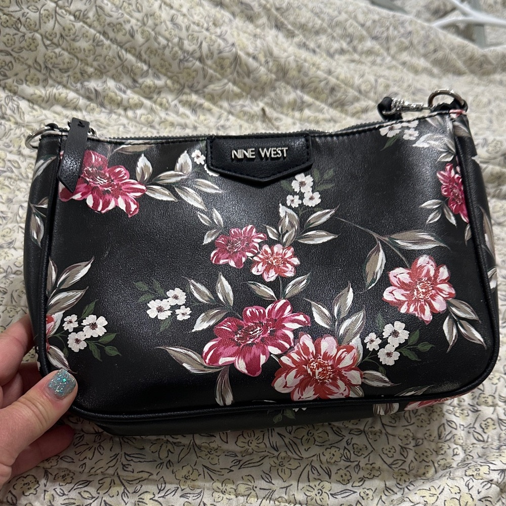 Nine West Black and Pink Floral Shoulder Bag